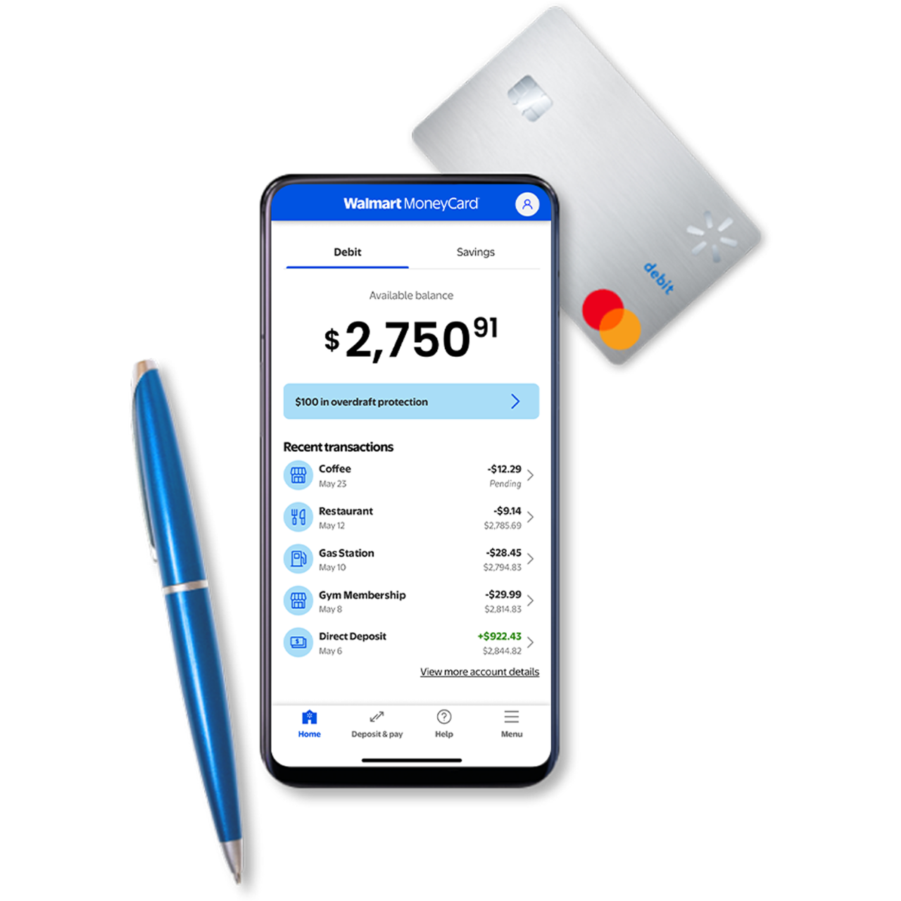 Phone with Walmart MoneyCard and pen